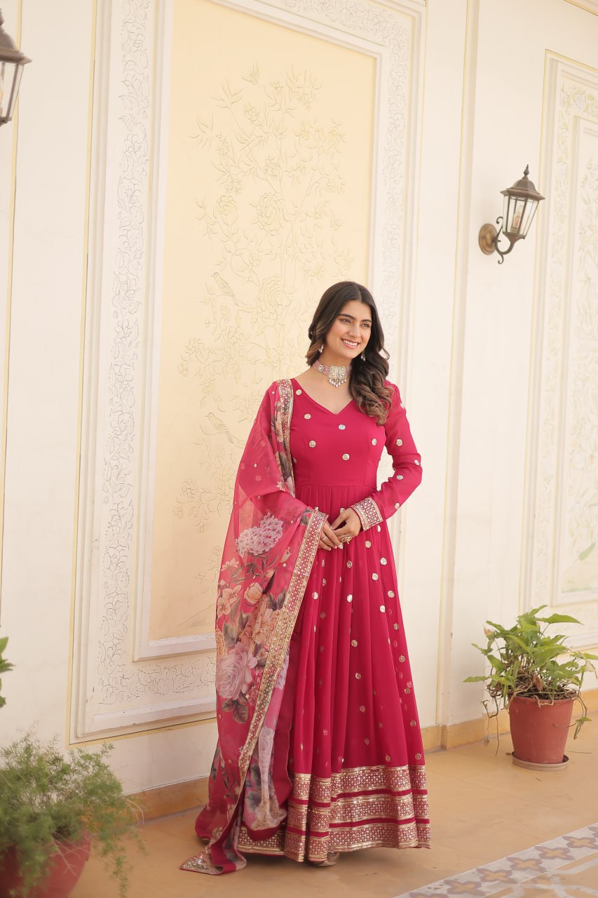 Shimmering Faux Georgette Embroidered Rani Pink Gown with Sequin Accents
