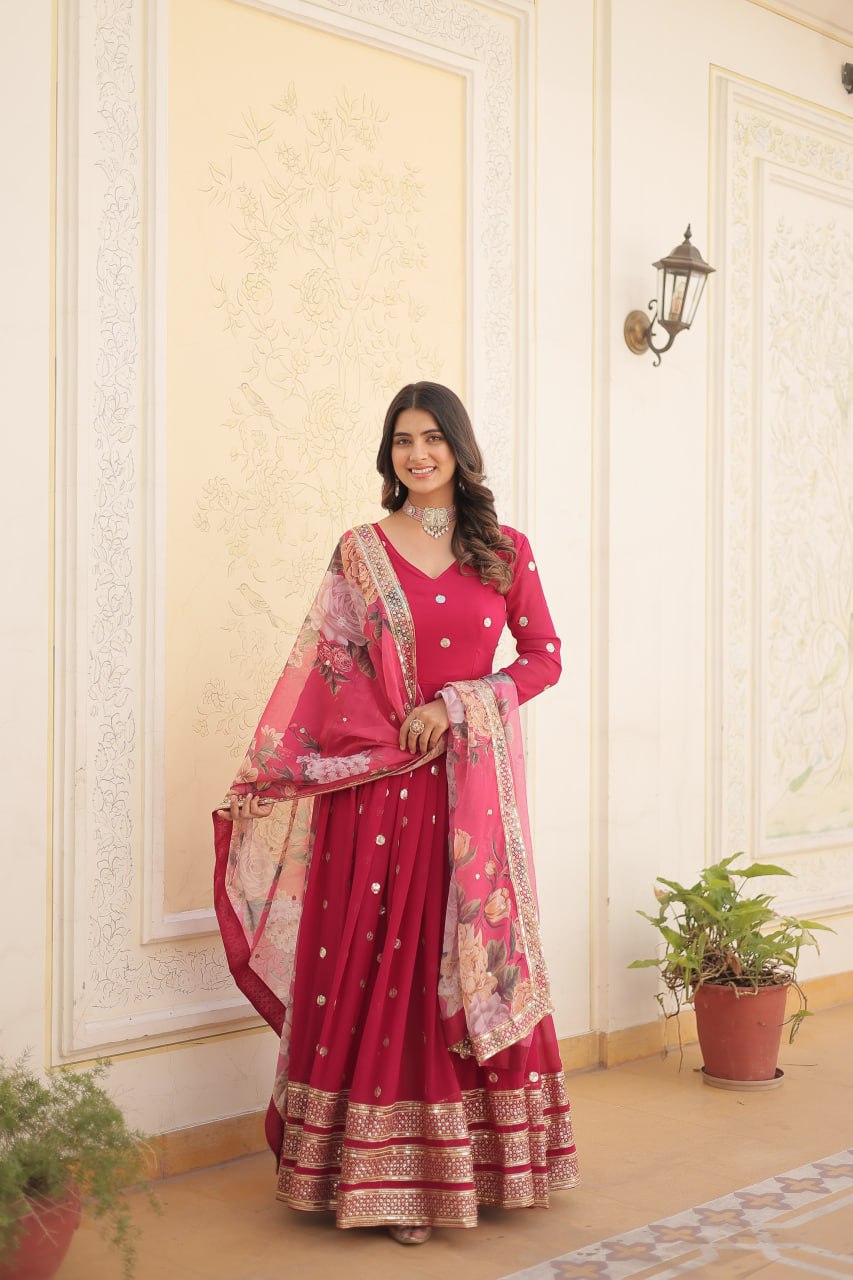 Shimmering Faux Georgette Embroidered Rani Pink Gown with Sequin Accents