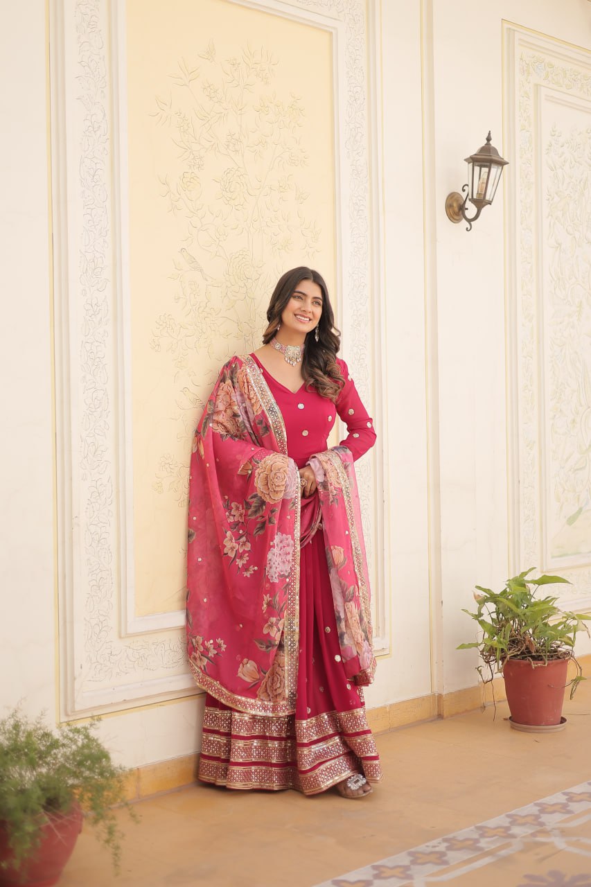 Shimmering Faux Georgette Embroidered Rani Pink Gown with Sequin Accents