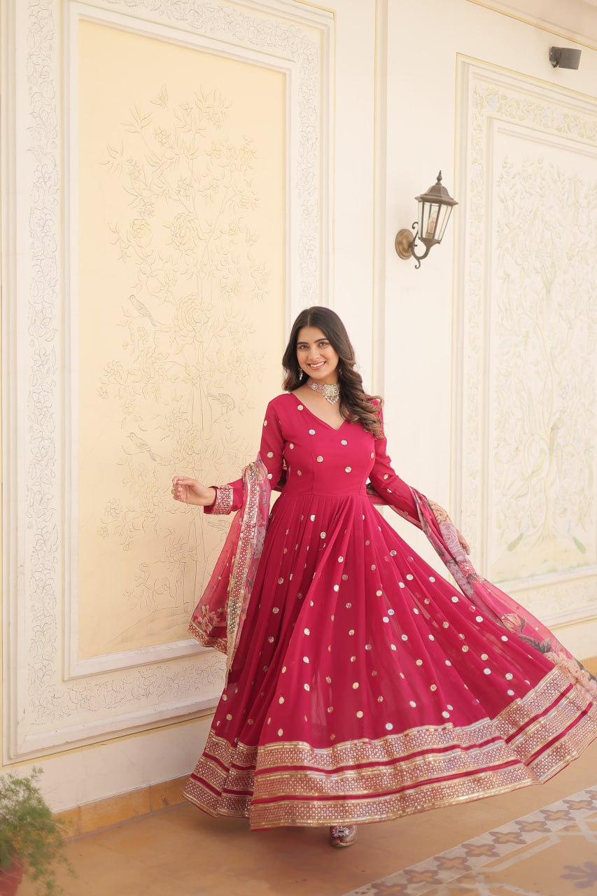 Shimmering Faux Georgette Embroidered Rani Pink Gown with Sequin Accents