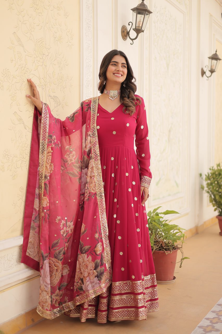 Shimmering Faux Georgette Embroidered Rani Pink Gown with Sequin Accents