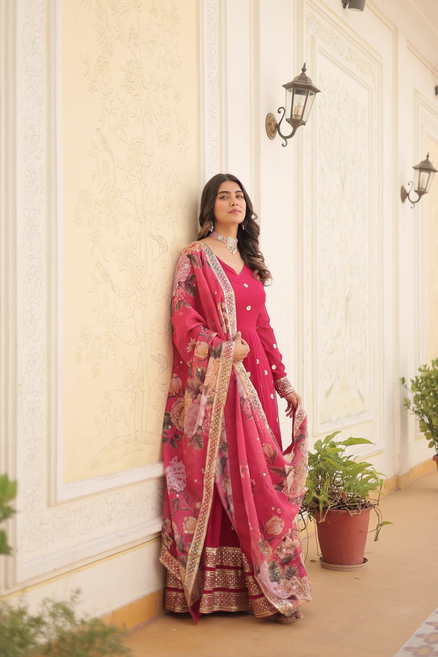 Shimmering Faux Georgette Embroidered Rani Pink Gown with Sequin Accents