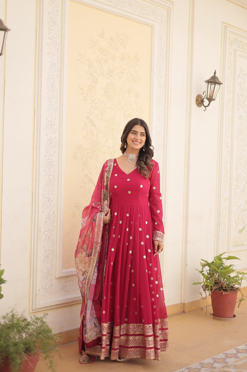 Shimmering Faux Georgette Embroidered Rani Pink Gown with Sequin Accents