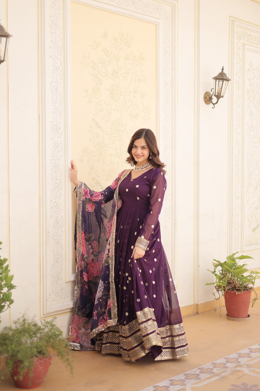 Shimmering Faux Georgette Embroidered Wine Gown with Sequin Accents