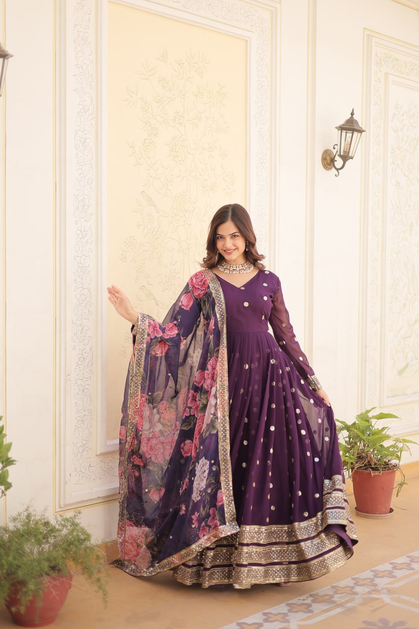 Shimmering Faux Georgette Embroidered Wine Gown with Sequin Accents