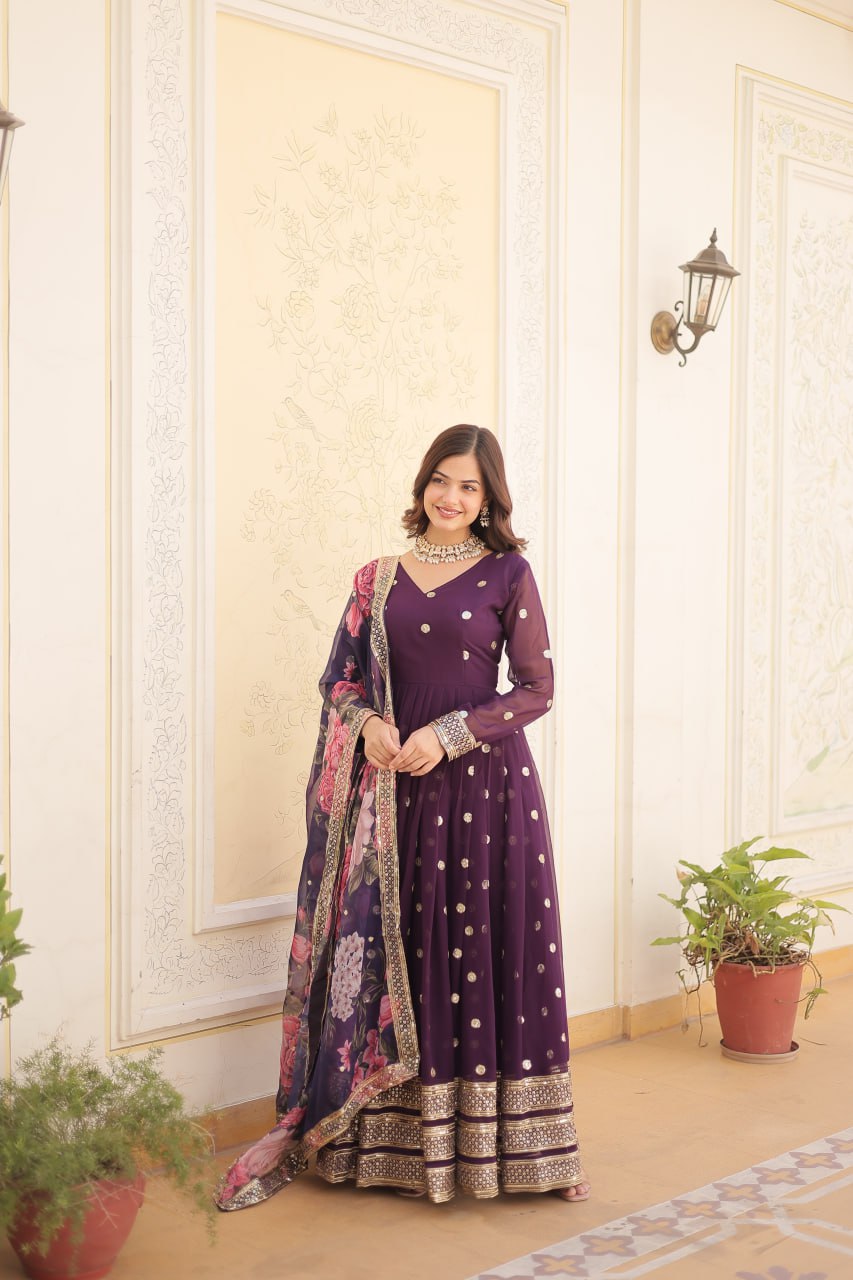 Shimmering Faux Georgette Embroidered Wine Gown with Sequin Accents