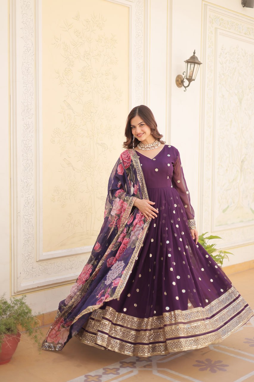 Shimmering Faux Georgette Embroidered Wine Gown with Sequin Accents