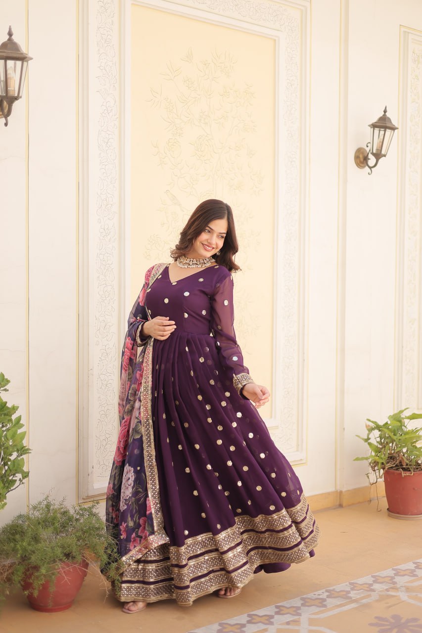 Shimmering Faux Georgette Embroidered Wine Gown with Sequin Accents