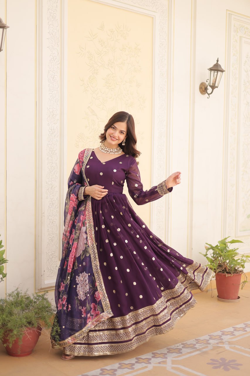 Shimmering Faux Georgette Embroidered Wine Gown with Sequin Accents