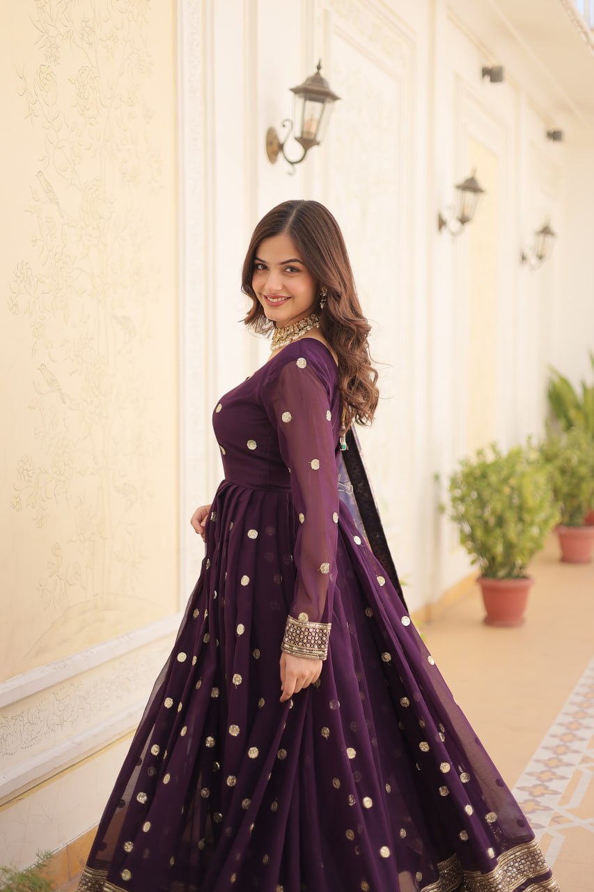 Shimmering Faux Georgette Embroidered Wine Gown with Sequin Accents