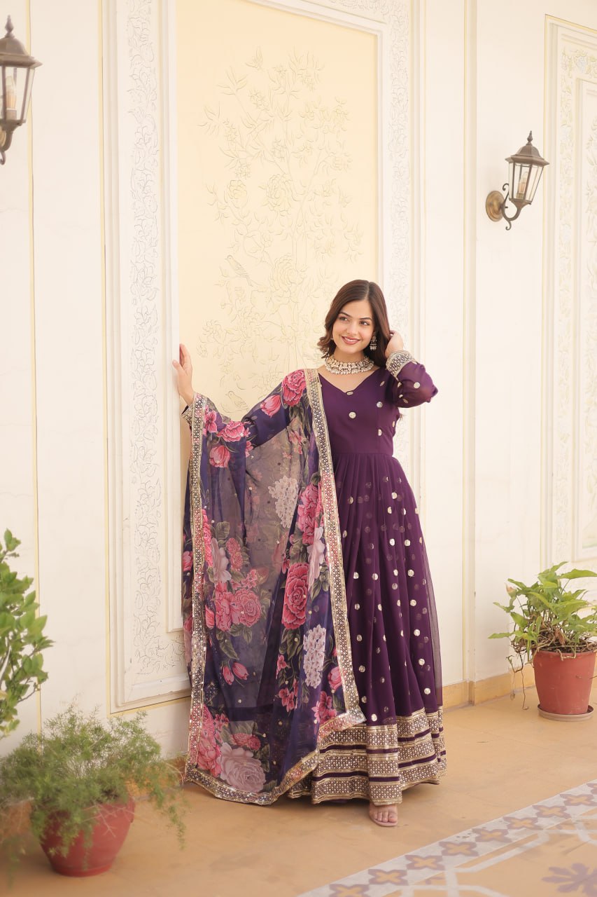 Shimmering Faux Georgette Embroidered Wine Gown with Sequin Accents