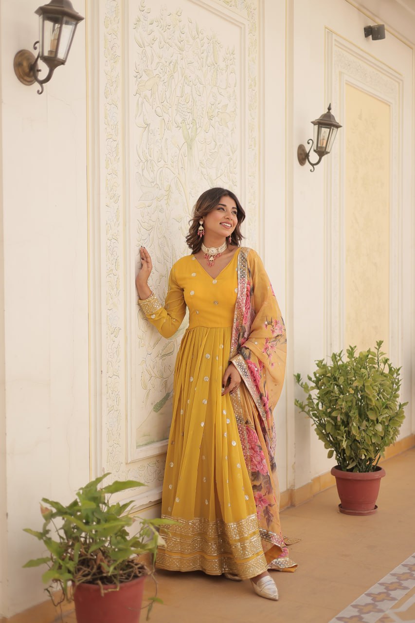 Shimmering Faux Georgette Embroidered Yellow Gown with Sequin Accents