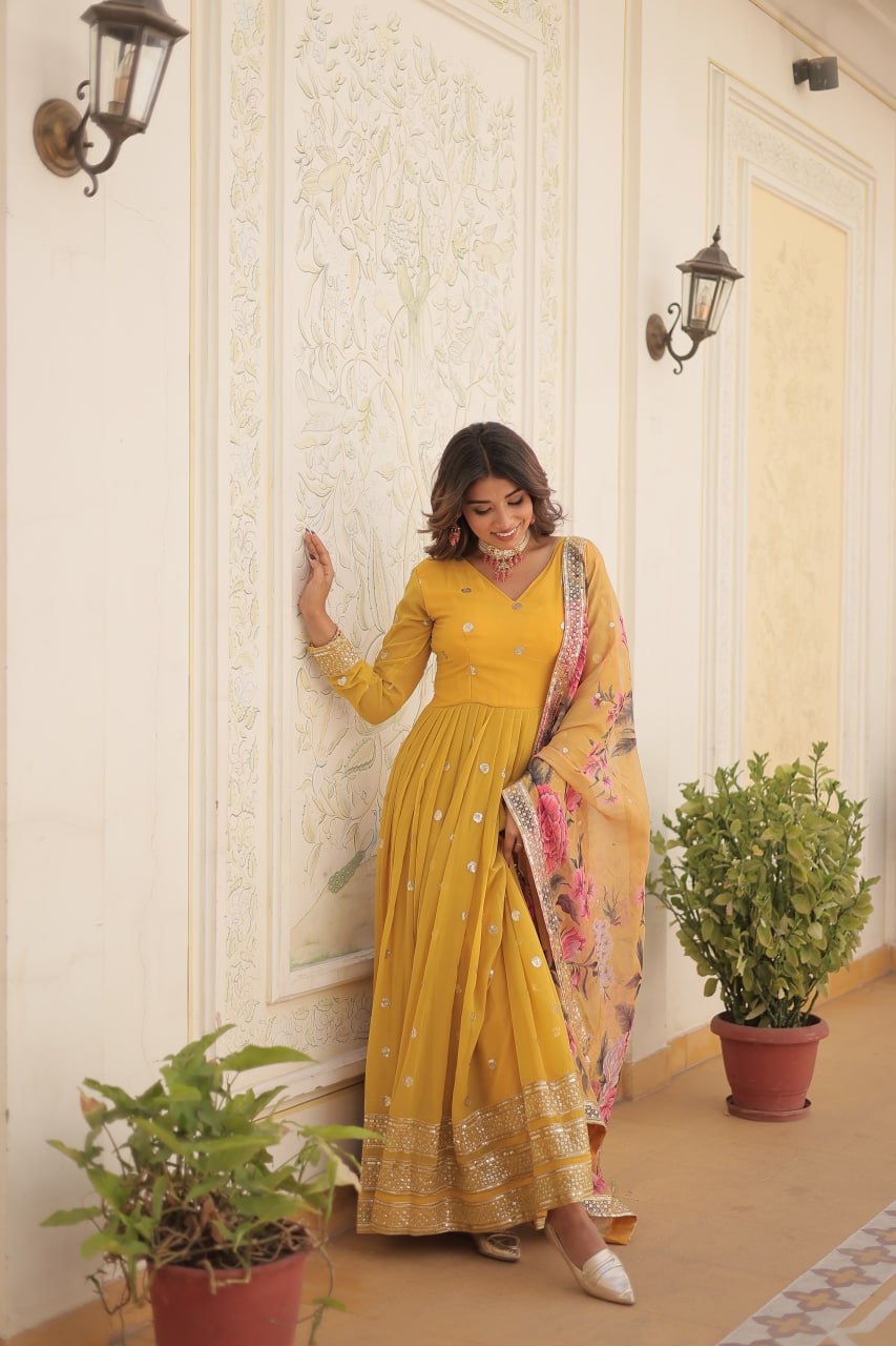 Shimmering Faux Georgette Embroidered Yellow Gown with Sequin Accents