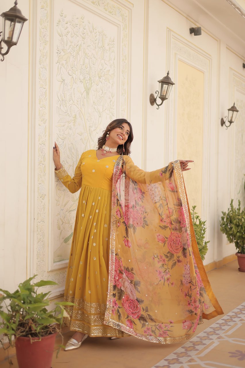 Shimmering Faux Georgette Embroidered Yellow Gown with Sequin Accents