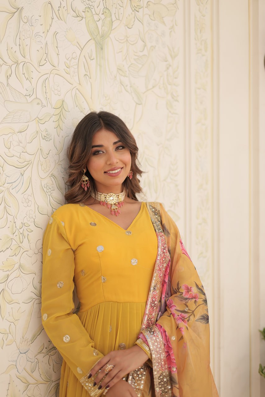 Shimmering Faux Georgette Embroidered Yellow Gown with Sequin Accents