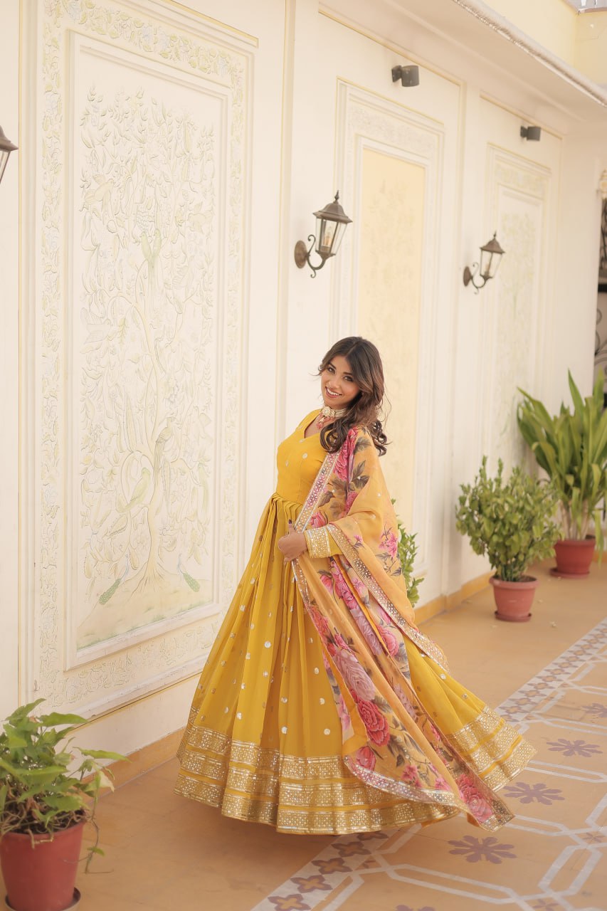 Shimmering Faux Georgette Embroidered Yellow Gown with Sequin Accents