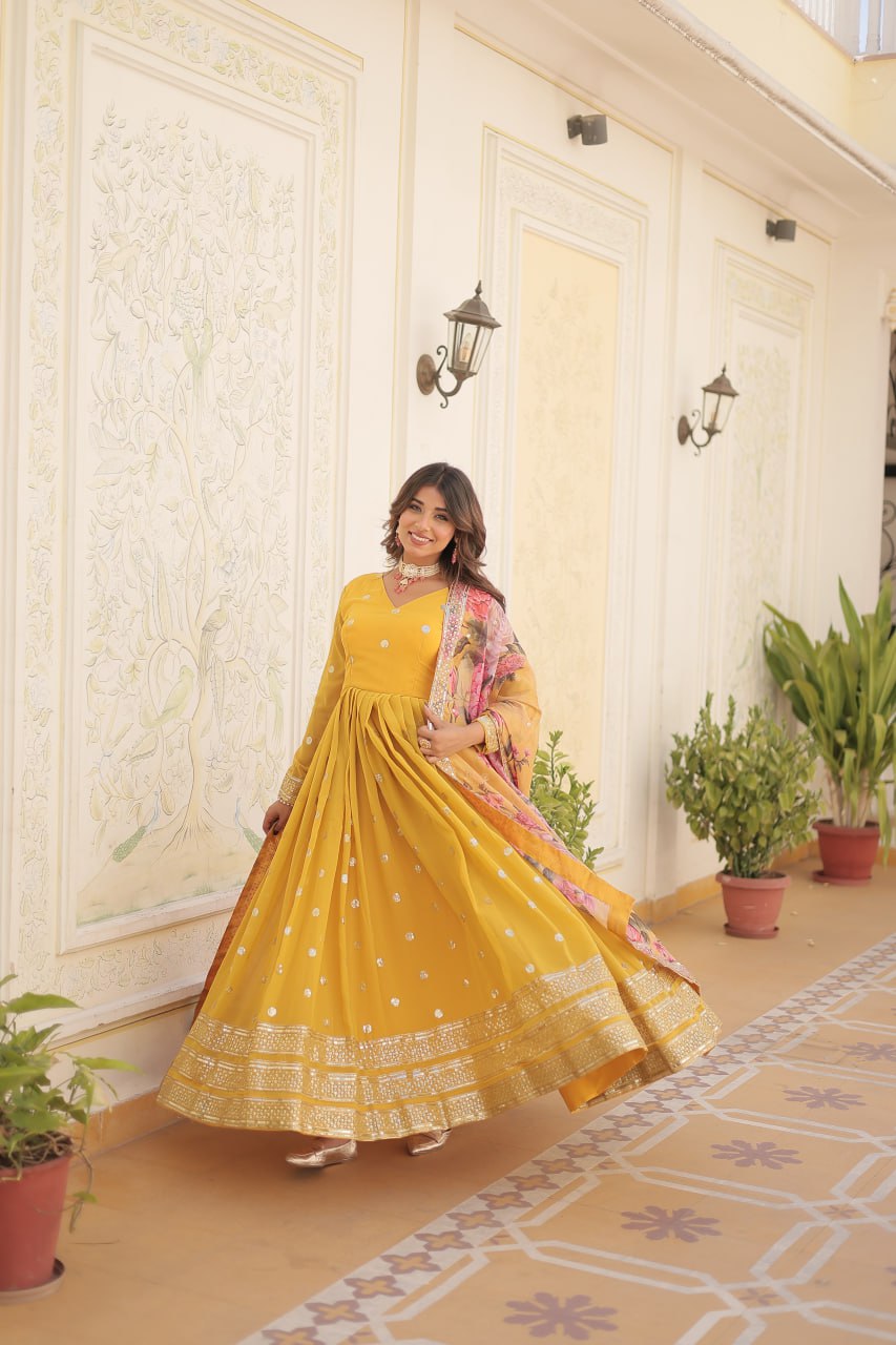 Shimmering Faux Georgette Embroidered Yellow Gown with Sequin Accents