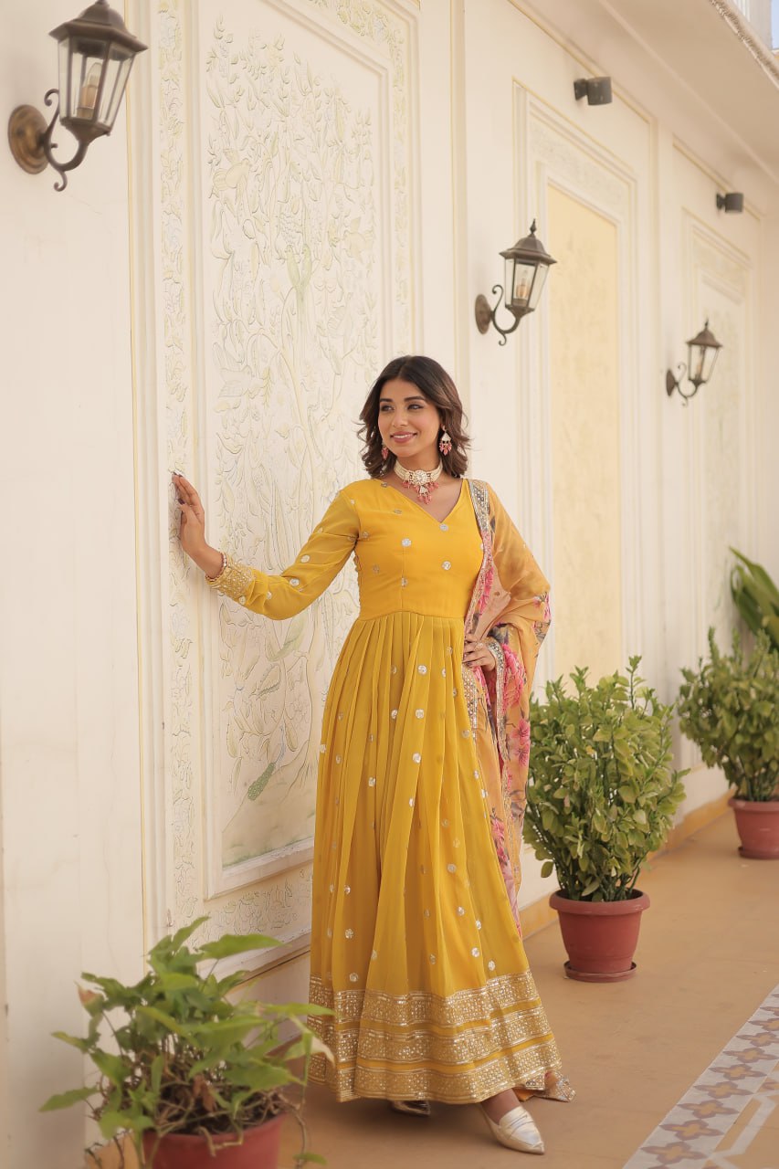 Shimmering Faux Georgette Embroidered Yellow Gown with Sequin Accents