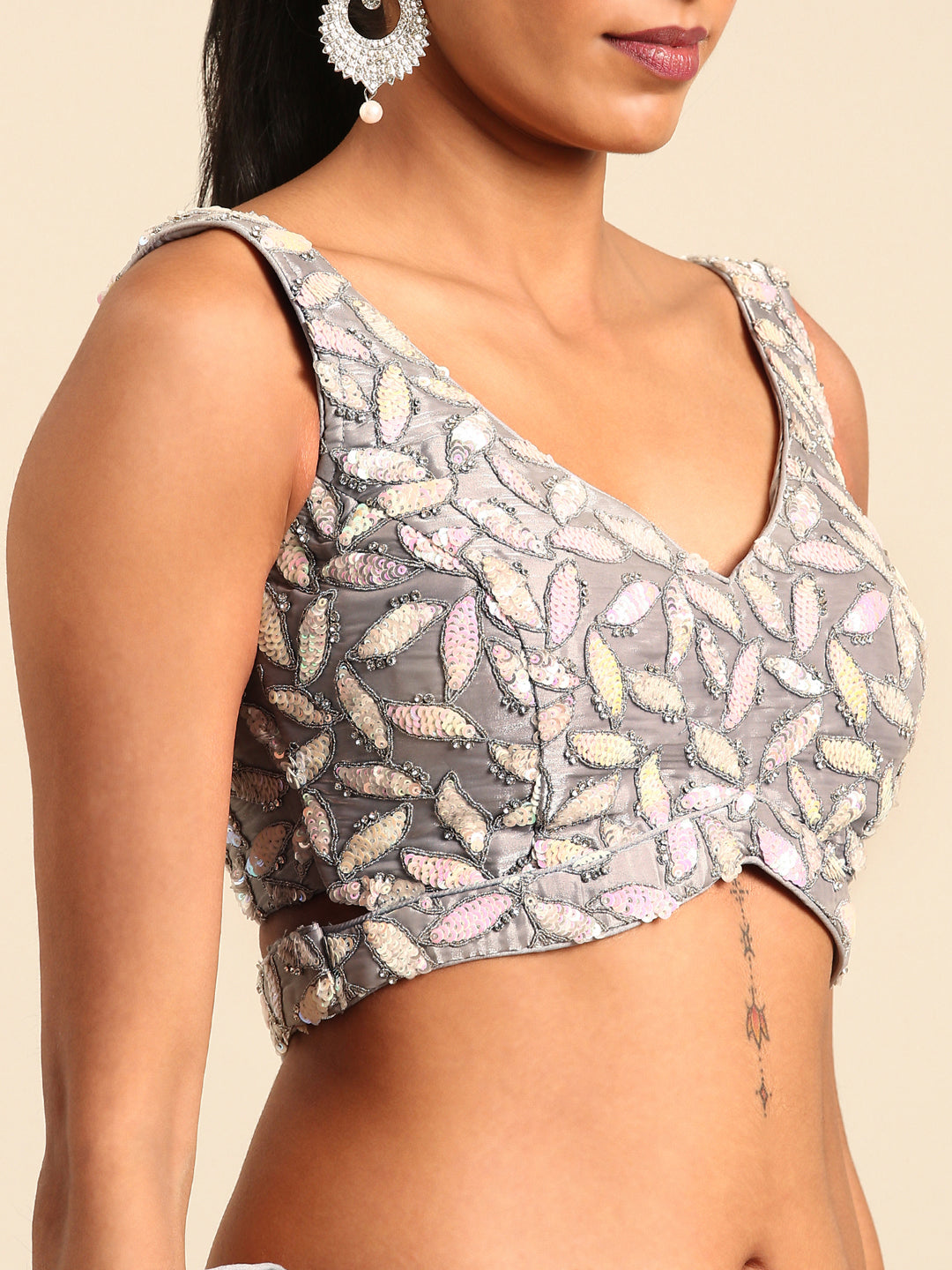 Shimmering Grey Organza Sequin Lehenga Choli Set with Zari Embroidery