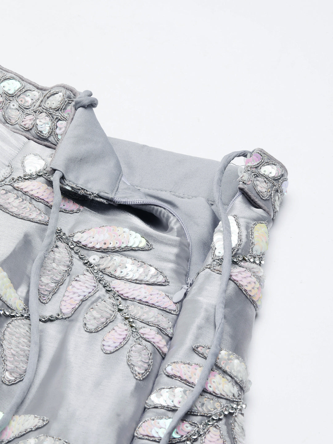 Shimmering Grey Organza Sequin Lehenga Choli Set with Zari Embroidery