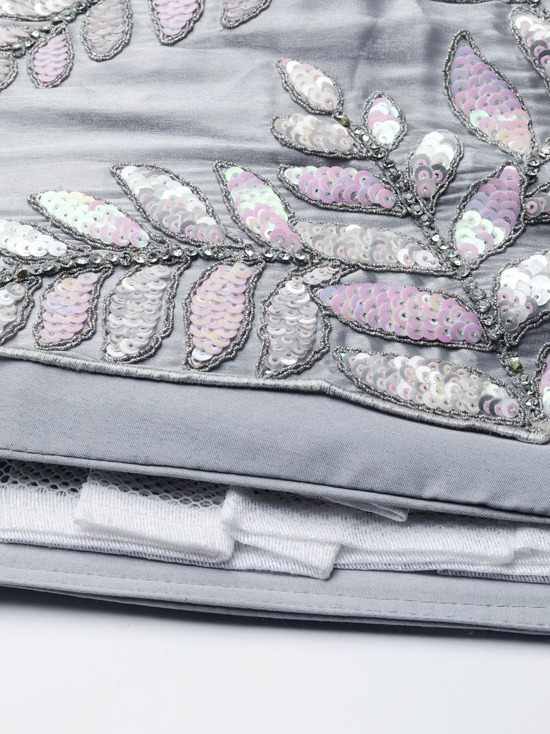Shimmering Grey Organza Sequin Lehenga Choli Set with Zari Embroidery