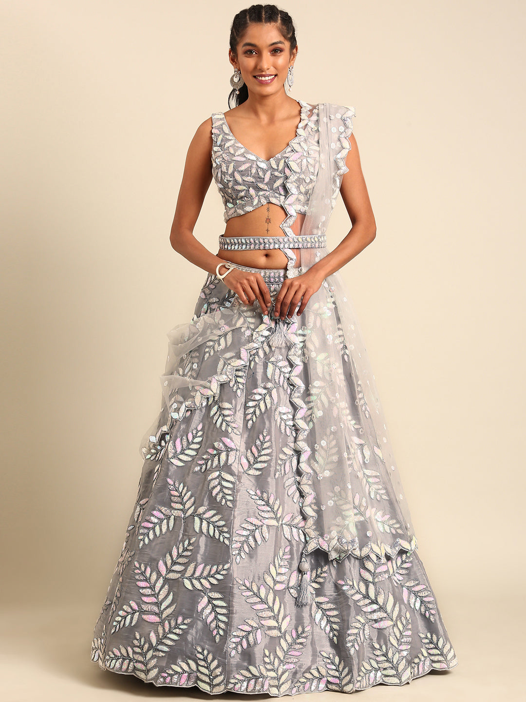 Shimmering Grey Organza Sequin Lehenga Choli Set with Zari Embroidery