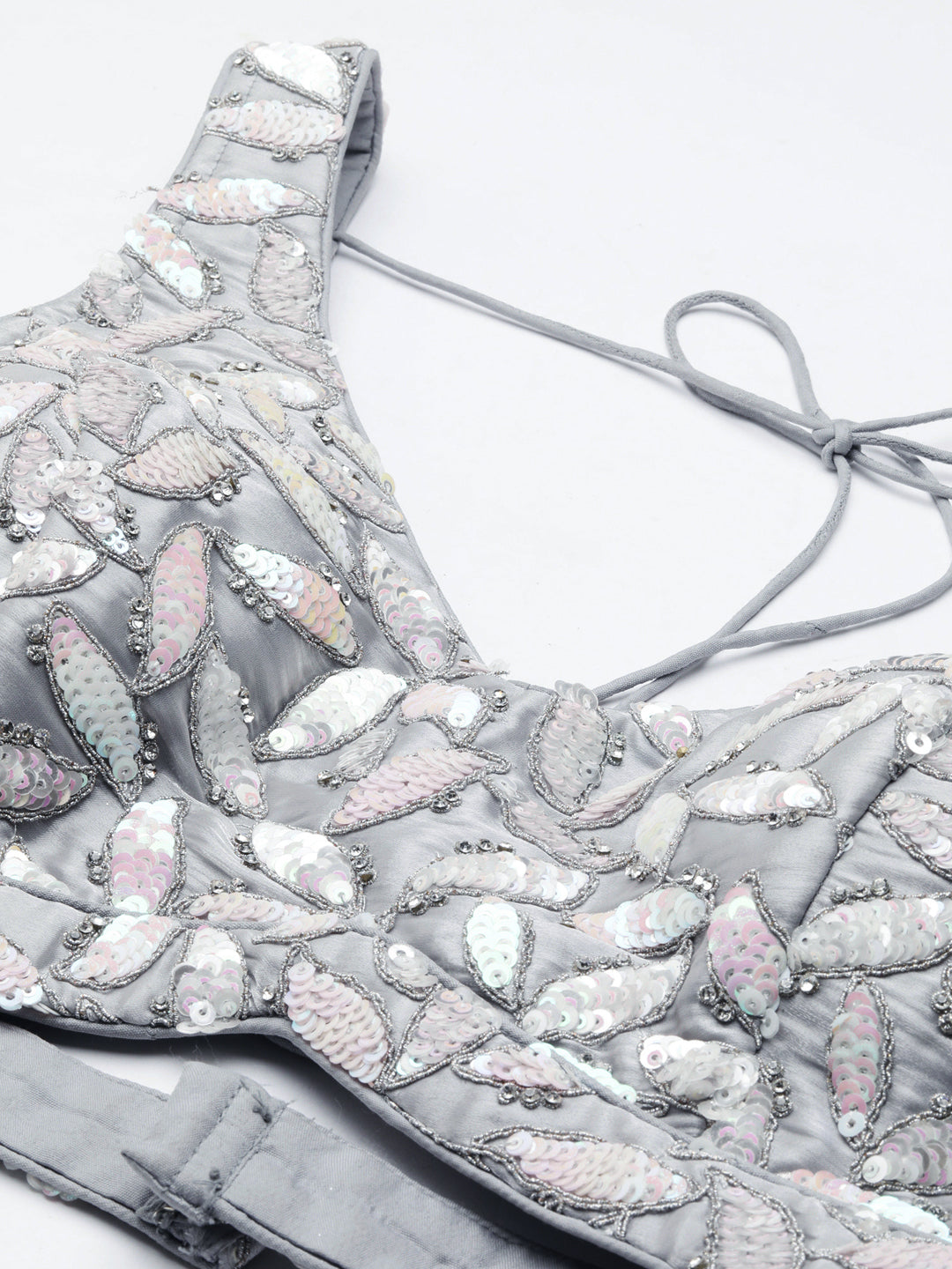 Shimmering Grey Organza Sequin Lehenga Choli Set with Zari Embroidery