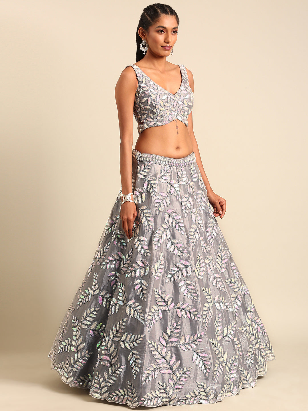 Shimmering Grey Organza Sequin Lehenga Choli Set with Zari Embroidery