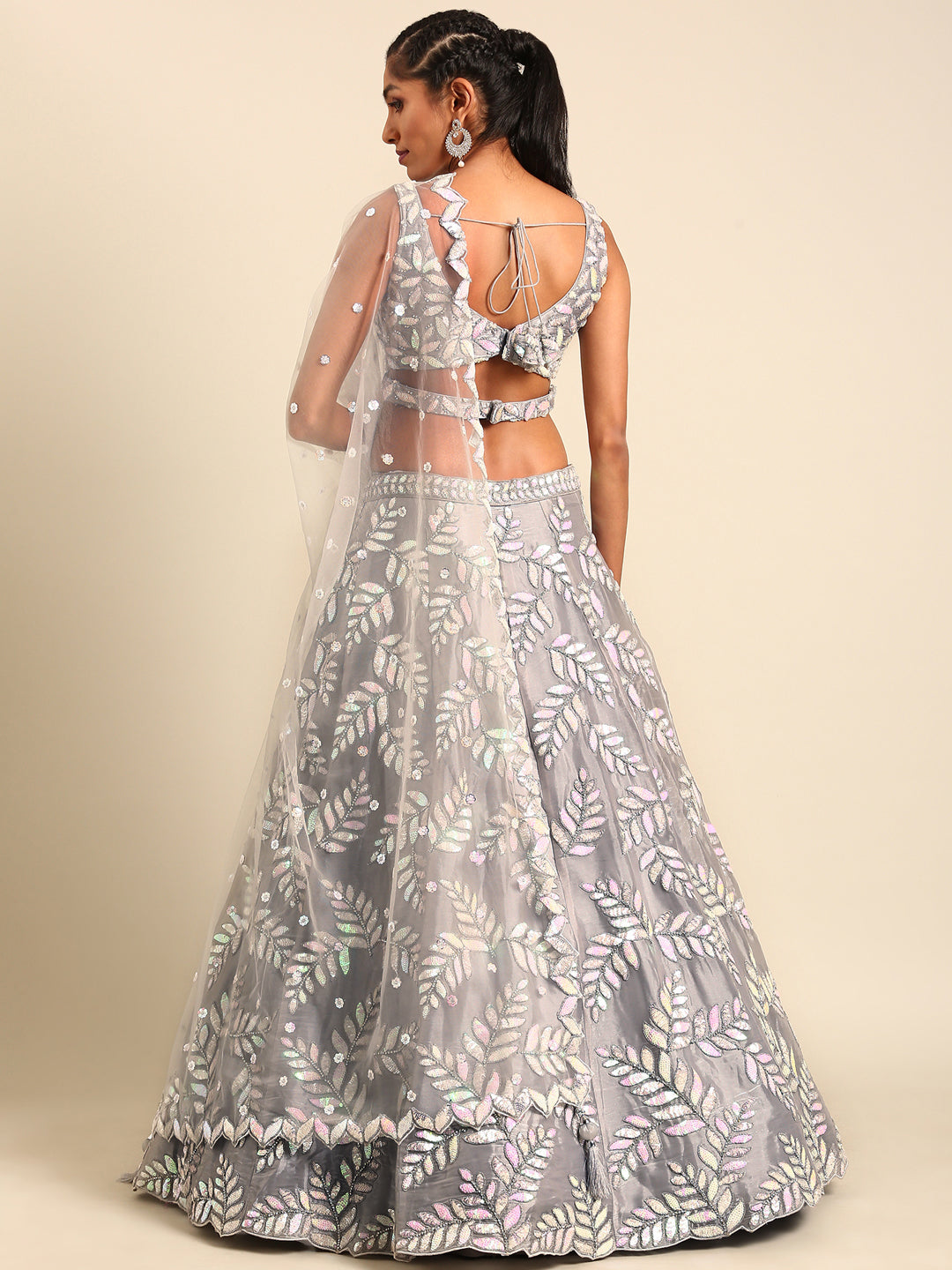 Shimmering Grey Organza Sequin Lehenga Choli Set with Zari Embroidery