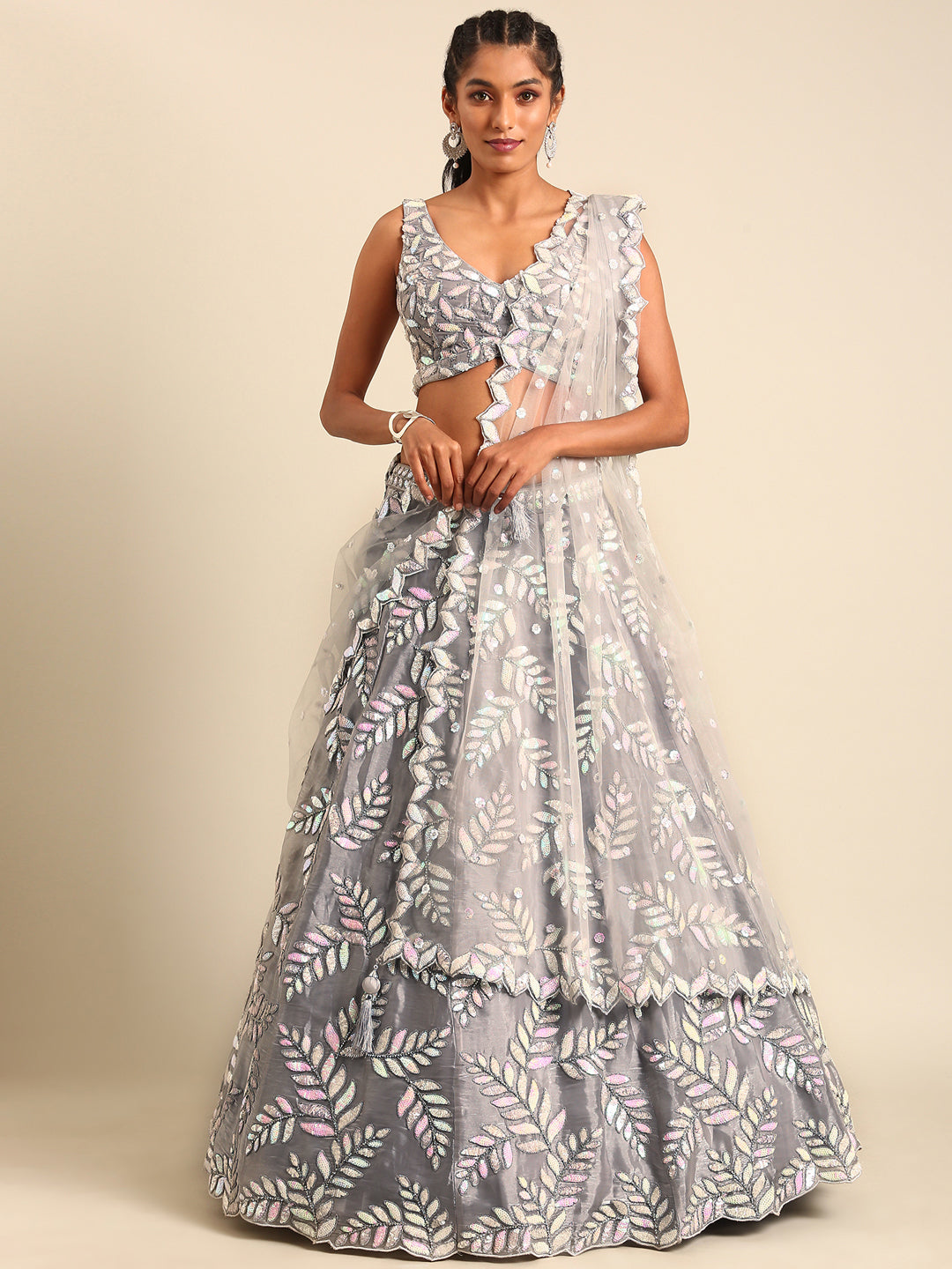 Shimmering Grey Organza Sequin Lehenga Choli Set with Zari Embroidery