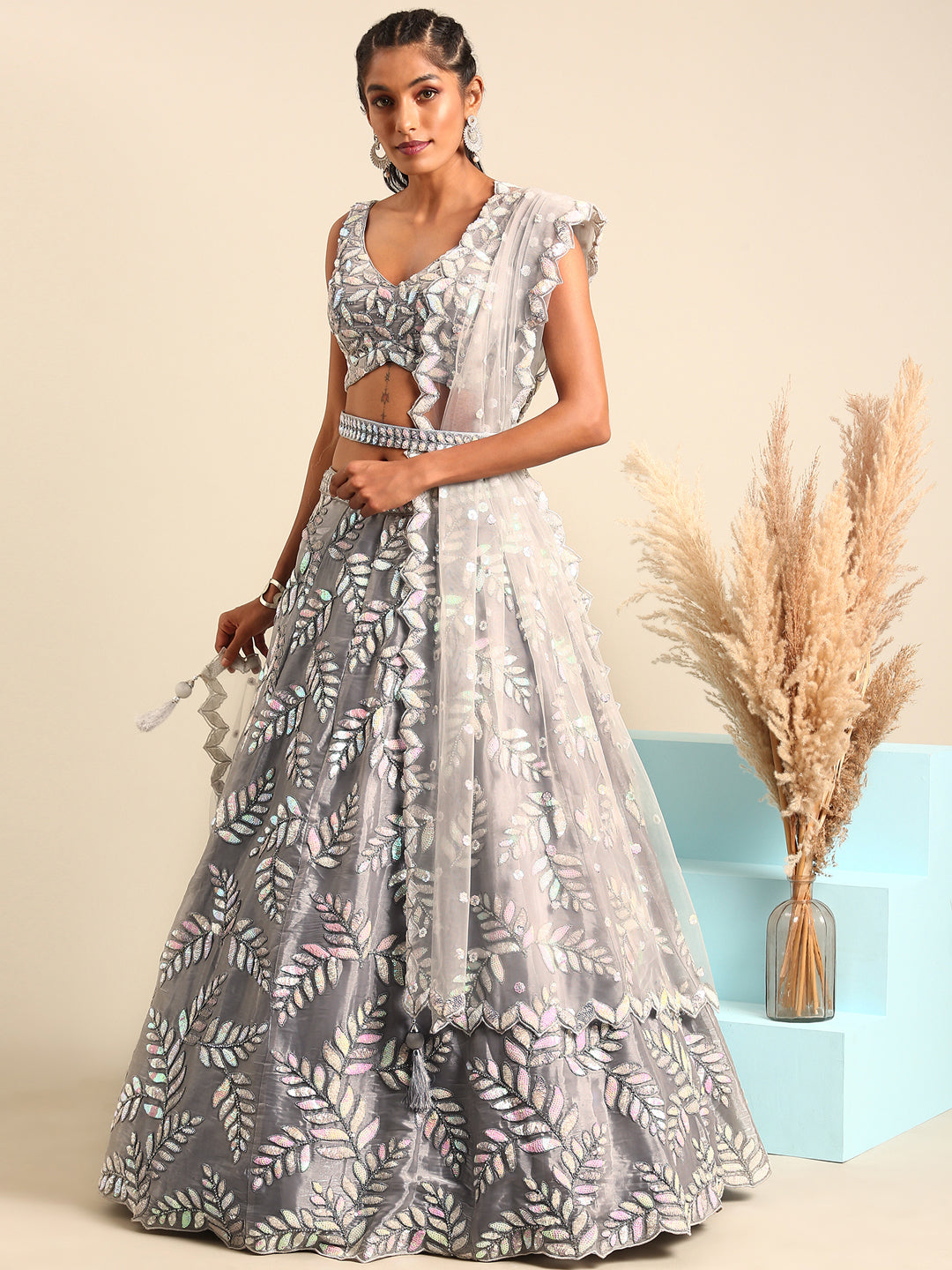 Shimmering Grey Organza Sequin Lehenga Choli Set with Zari Embroidery