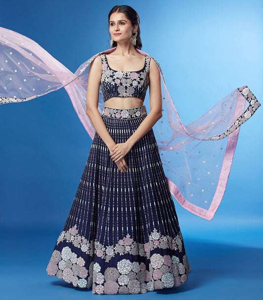 Shimmering Navy Blue Georgette Lehenga with Multi-Sequin Work