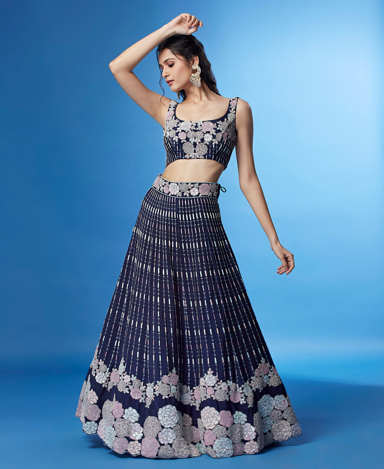 Shimmering Navy Blue Georgette Lehenga with Multi-Sequin Work