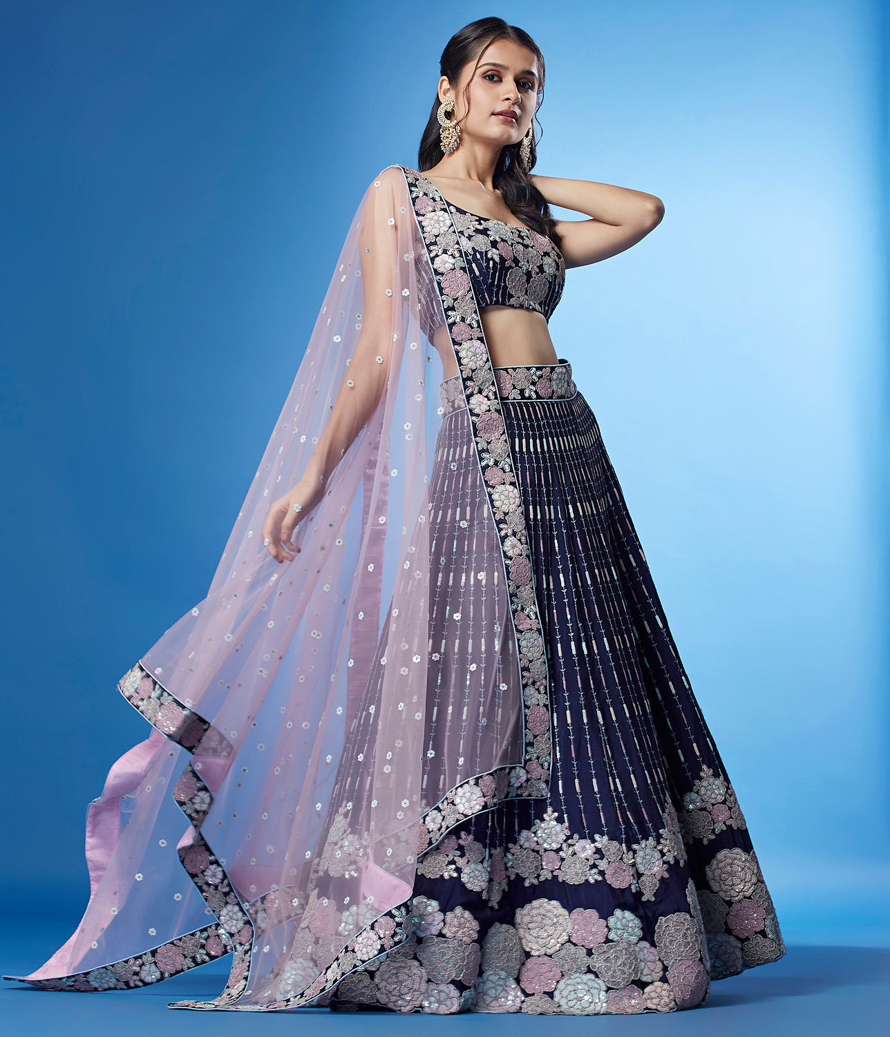 Shimmering Navy Blue Georgette Lehenga with Multi-Sequin Work