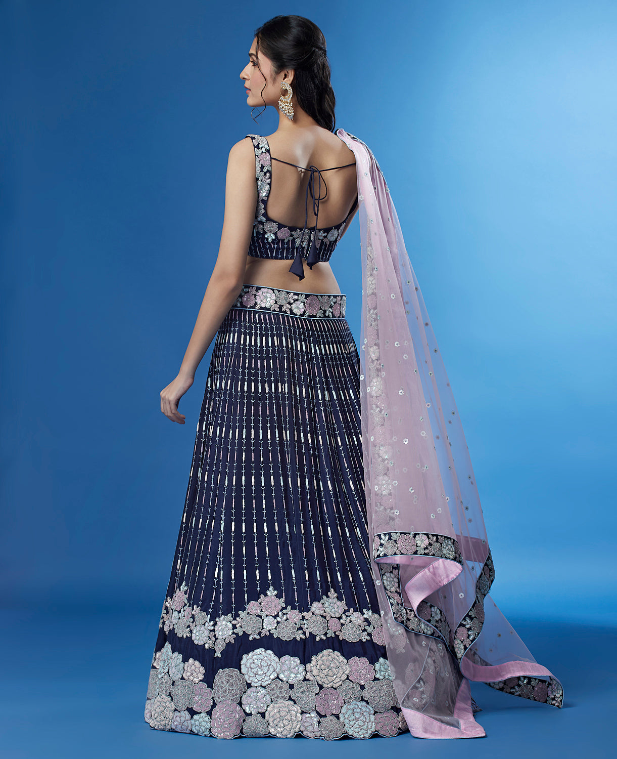 Shimmering Navy Blue Georgette Lehenga with Multi-Sequin Work