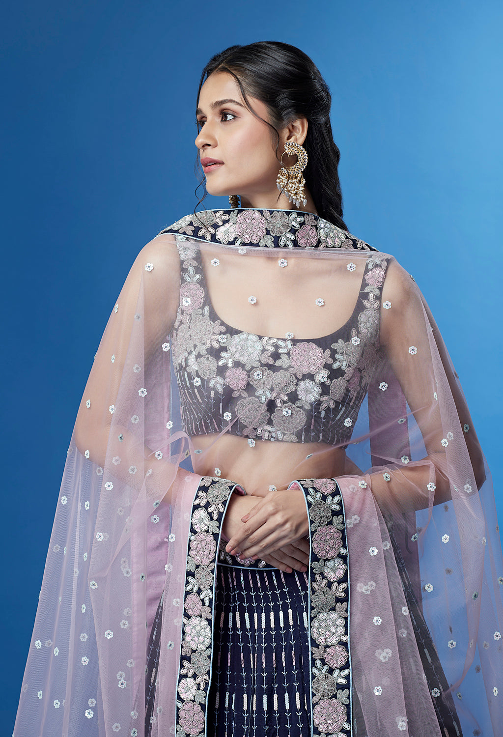 Shimmering Navy Blue Georgette Lehenga with Multi-Sequin Work