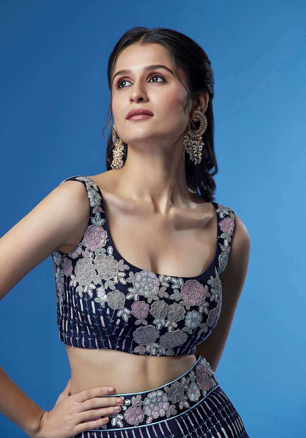 Shimmering Navy Blue Georgette Lehenga with Multi-Sequin Work