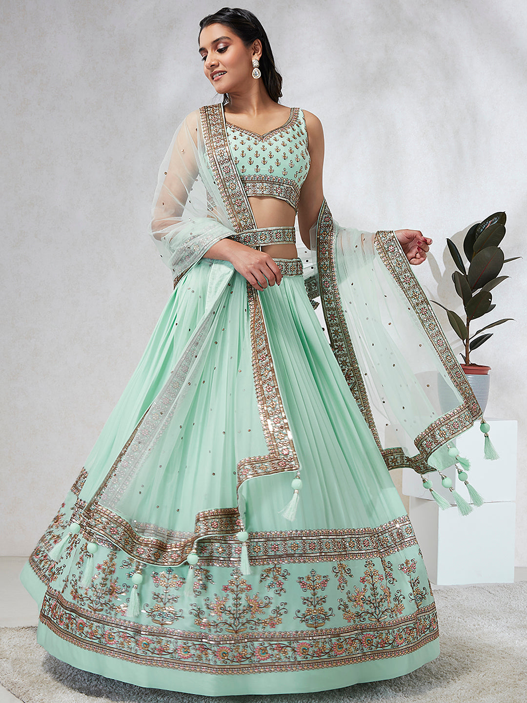 Shimmering Sea Green Lehenga Choli Set: Sequins & Thread Embroidery