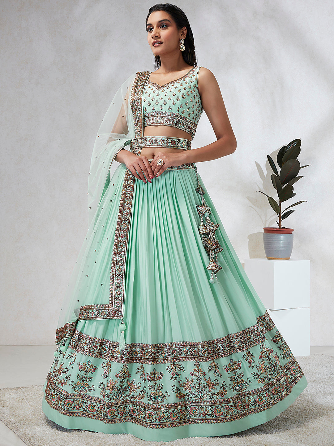 Shimmering Sea Green Lehenga Choli Set: Sequins & Thread Embroidery