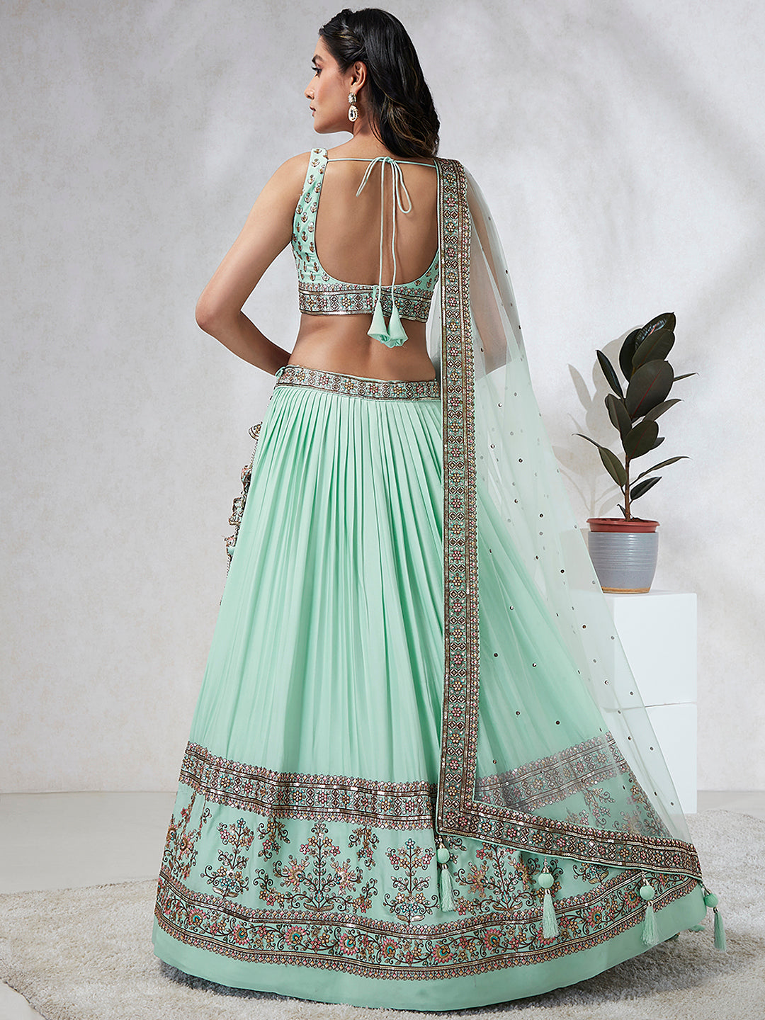 Shimmering Sea Green Lehenga Choli Set: Sequins & Thread Embroidery