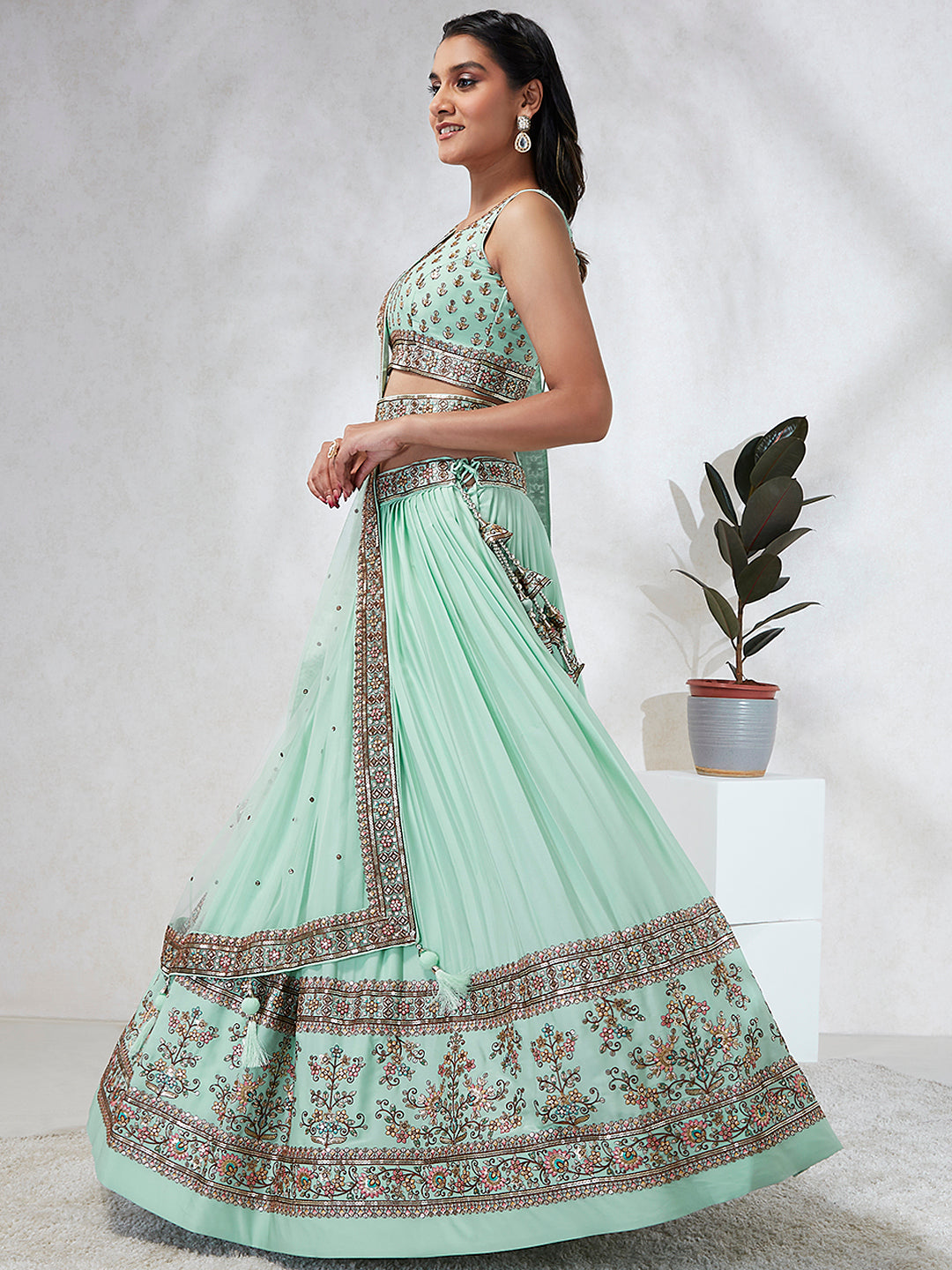 Shimmering Sea Green Lehenga Choli Set: Sequins & Thread Embroidery