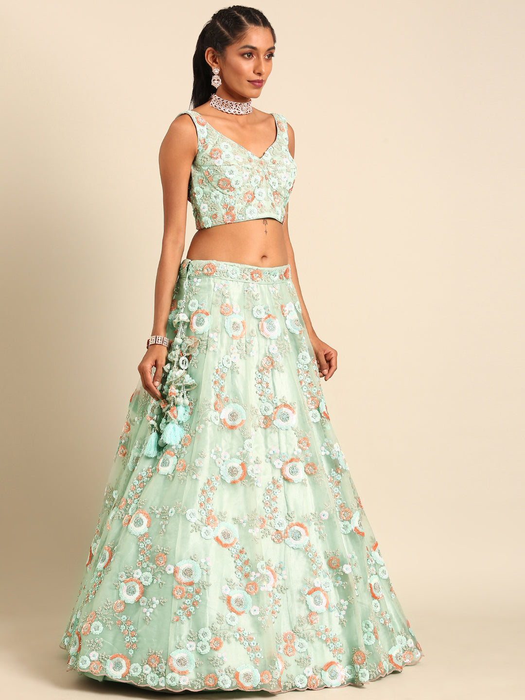 Shimmering Sea Green Lehenga Choli Set - Zari, Sequins & Thread Embroidery