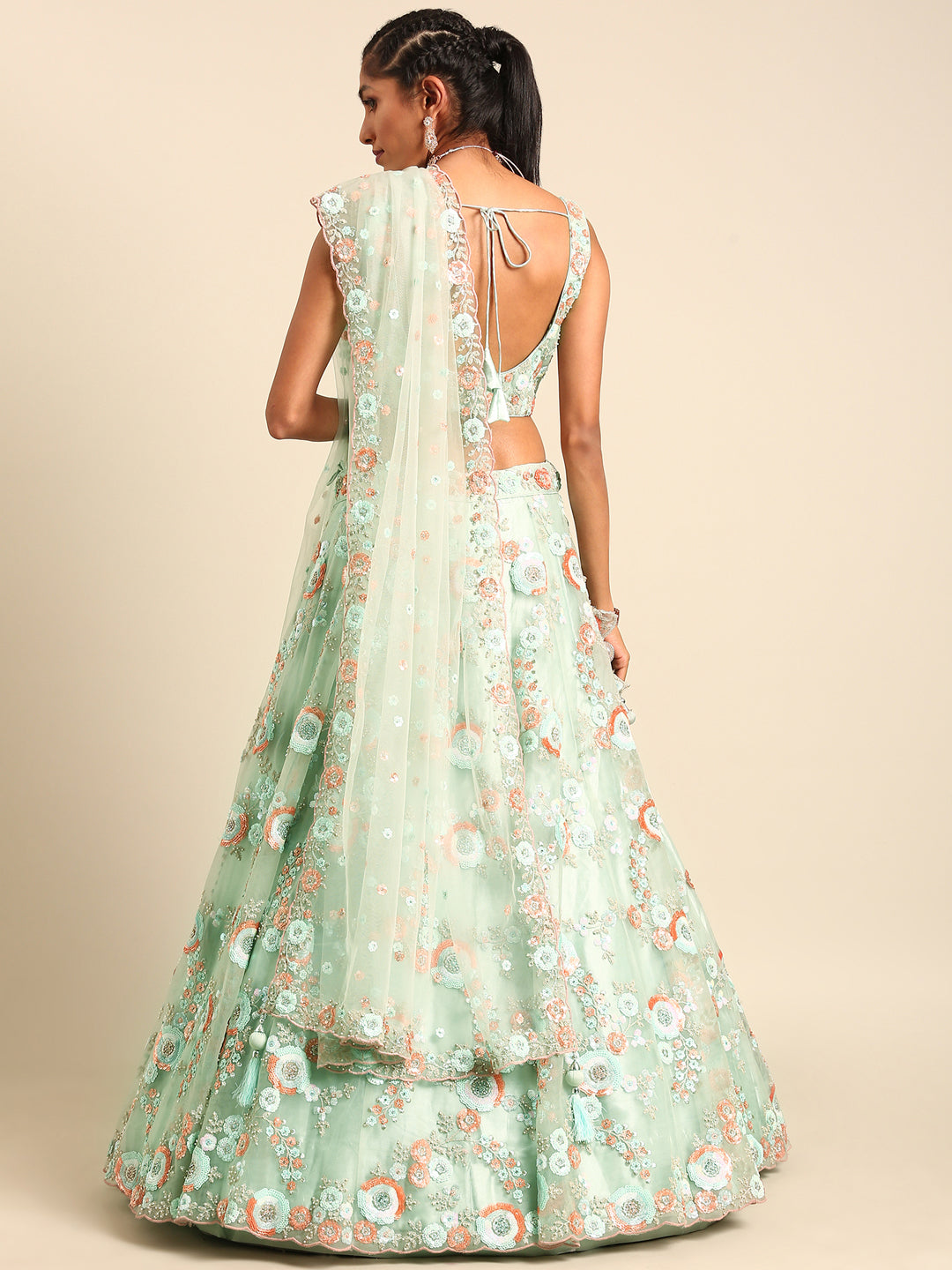 Shimmering Sea Green Lehenga Choli Set - Zari, Sequins & Thread Embroidery