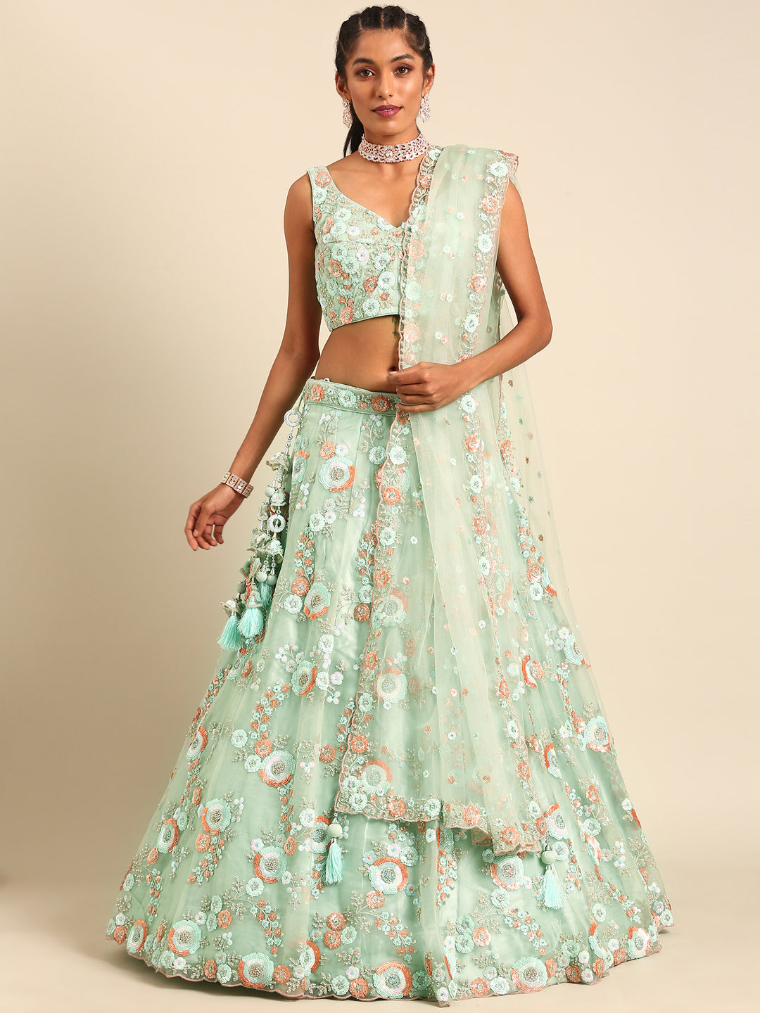 Shimmering Sea Green Lehenga Choli Set - Zari, Sequins & Thread Embroidery