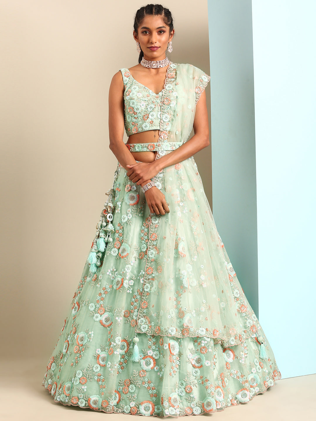 Shimmering Sea Green Lehenga Choli Set - Zari, Sequins & Thread Embroidery