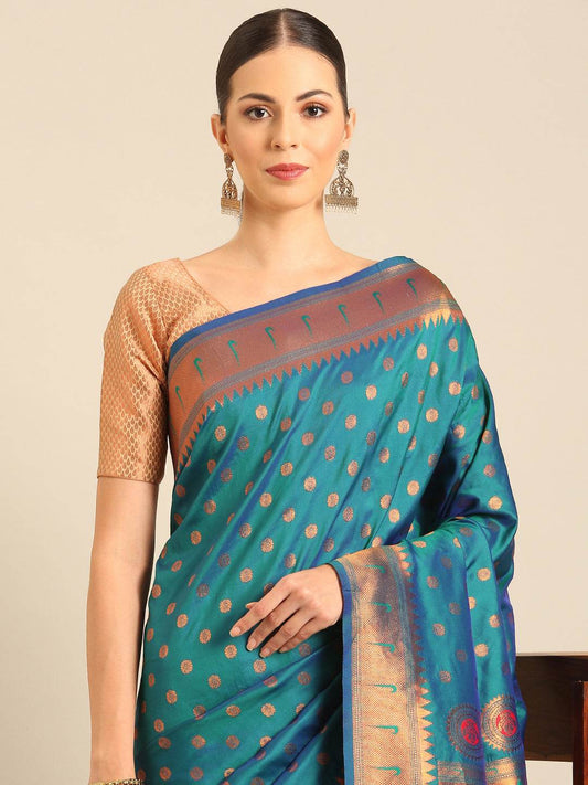Turquoise Silk Blend Saree With Blouse Piece