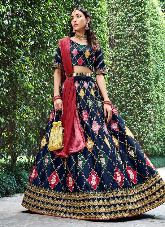 Silk Base Navy Blue Embroidered Lehenga