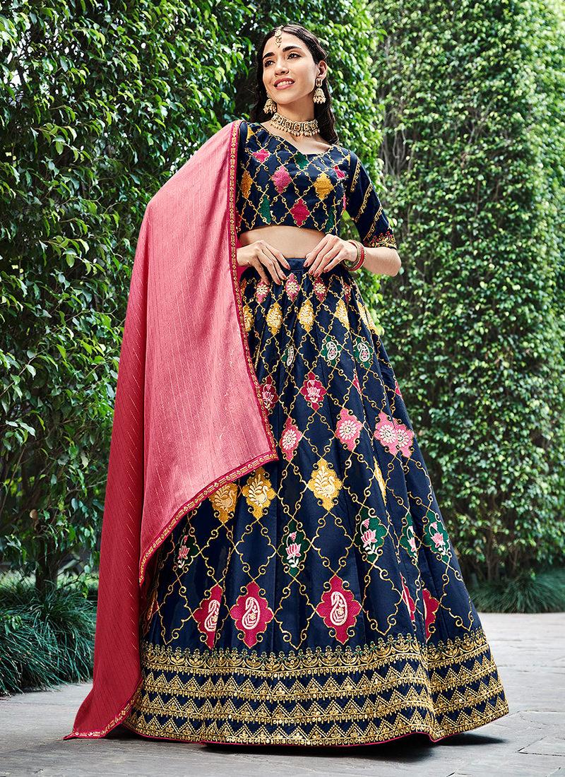 Silk Base Navy Blue Embroidered Lehenga