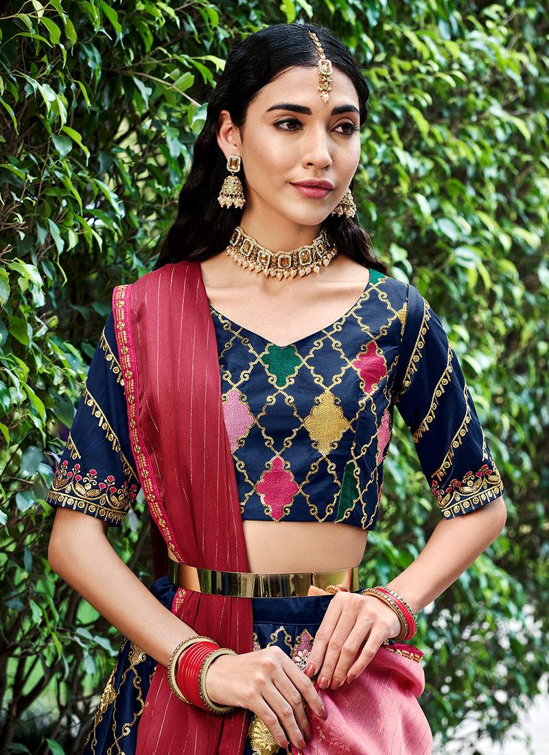 Silk Base Navy Blue Embroidered Lehenga