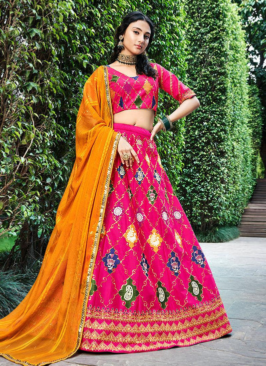 Silk Base Rani Pink Embroidered Lehenga